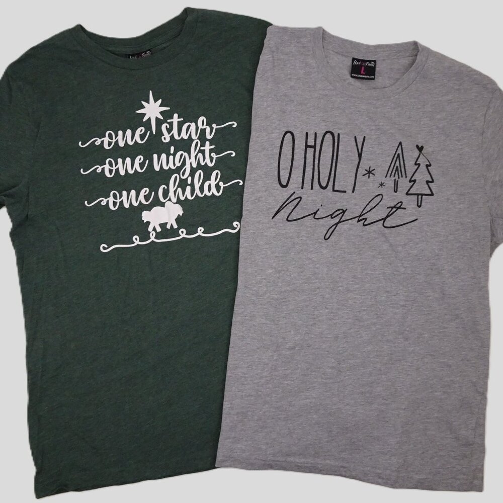 TWO Love in Faith Christmas t-shirts Large O Holy Night One Star One Child Jesus